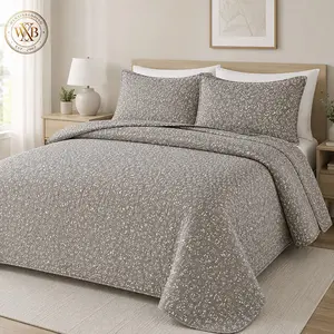 Floral Quilt Set 90x95 Inch Grey Taupe Bedspread Coverlet with 2 Pillow Shams Soft Lightweight Bedding Set