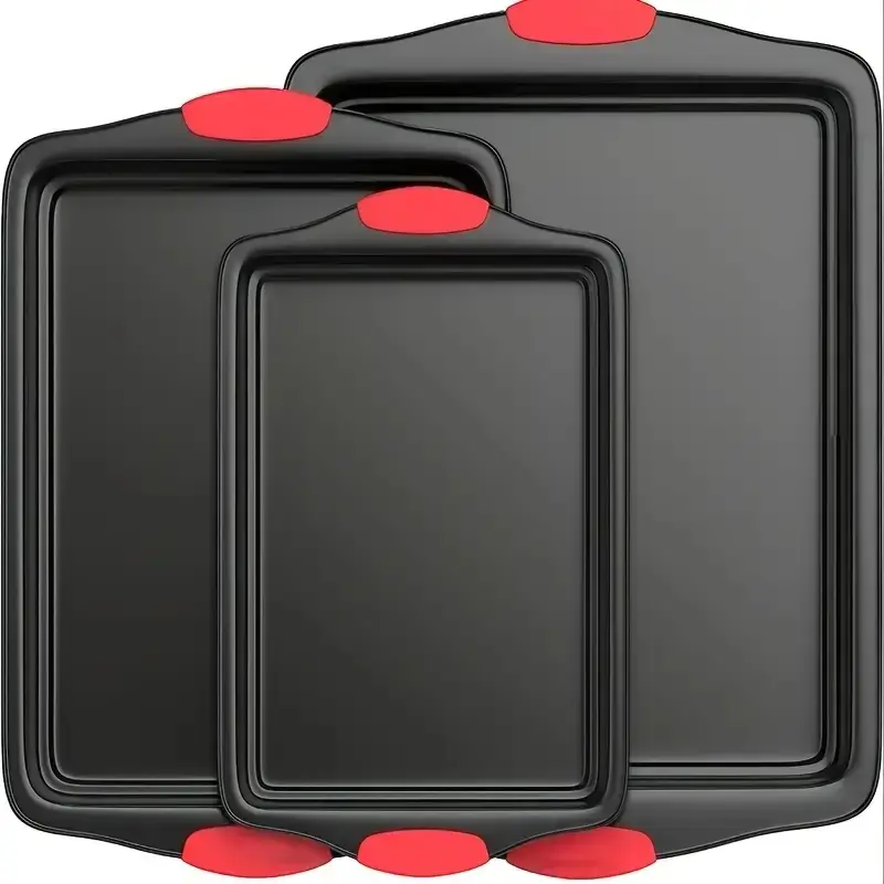 3pcs Carbon Steel Baking Sheet Set - Heavy-Duty Non-Stick Oven Safe Cookie & Grilling Trays with Red Edges, 3 Sizes (S/M/L) for Even Heat Distribution, Durable Rectangular Baking Pans for, Pastries, Roasting, Grilling - Ideal for Home & Professional