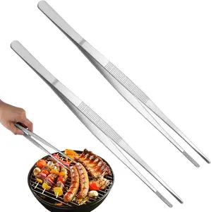 [New Deal] 2PCS Kitchen Cooking Tongs Tweezers -12" Stainless Steel Kitchen Utensils, Metal Fine Tweezers Tongs with Precision Serrated Tips for Chef, Serving Food, Grill, Culinary, Pasta, Salad, BBQ