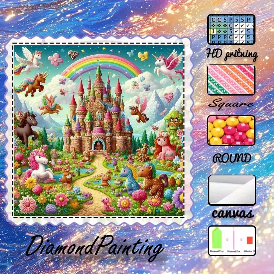 5D Goose Down Canvas, optional with AB diamonds, crystal diamonds, fairy dust diamonds, full diamond kit, square and round diamonds, Fantasy Castle DIY mosaic wall art, beginner craft kit (with tools), home wall decoration gift, diamond art kit.