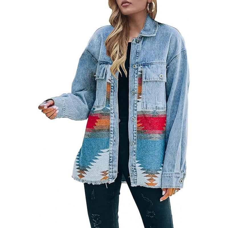 Women'S Vintage Western Jeans Jacket - Long Sleeve Button-front coat with, Non-Symmetric Patchwork design in Blue/Red/Beige/Black/White/Gray/, Mid-Length Transitional Jacket for Spring/Fall Casual Formal Outfits - Retro Western Style Outerwear, Denim Jack