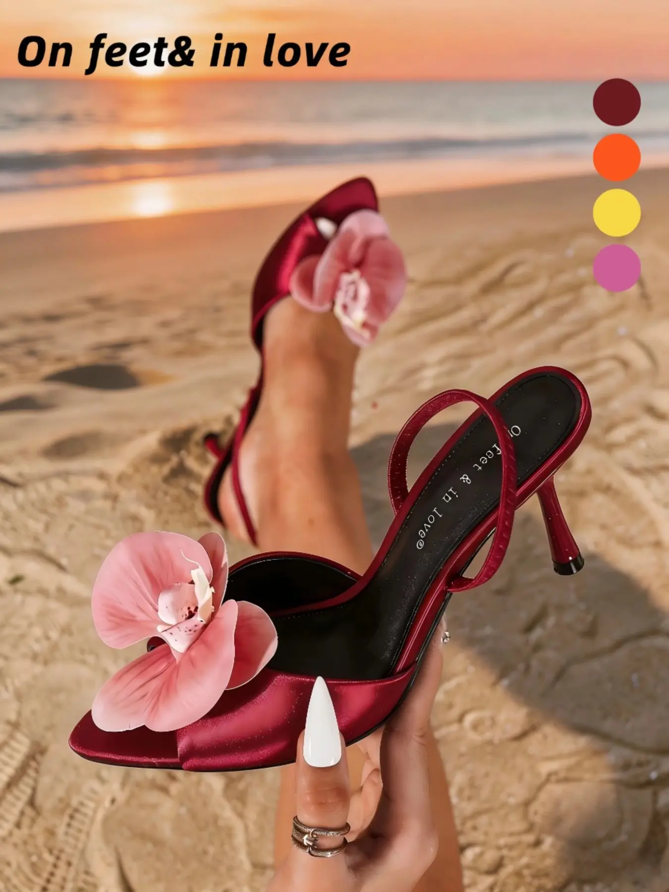 Women's All Sizes Burgundy Satin 3D Orchid Flower Pointed Open Toe Slingback Stiletto Heel Sandals, Non Slip Cushioned Slip On Dress Heels for Beach Vacation Date Night Wedding Guest Cocktail Party Summer Outfits Dressy Sandals Elegant Floral Sandals