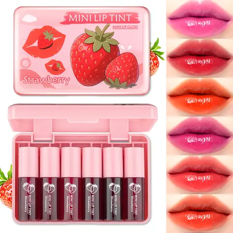 QIUFSSE 3-in-1 On-the-Go Make Up 6-Pack - Waterproof Buildable Glossy Lip Gloss Stick, Colored Liquid Lipstick & Cheek Stain, Sweet Strawberry Scent, 24 Months Shelf Life, Color Correction, Natural Look, Just Bitten Lips Effect, All Skin Types