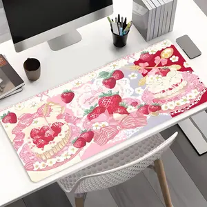 Cute Pink Strawberry Cake Coquette Kawaii Large Gaming Mouse Pad, Extended Desk Mat Non-Slip Rubber Base Stitched Edges, Big Computer Desk Pad for Gaming Setup Home Office, Perfect Gift for Girls