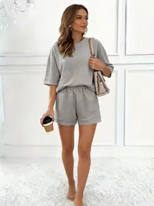 Women's Simple Color Loose Fit Short Sleeve Top and Shorts Set, Casual Essential Daily Commute, Comfortable and Stylish