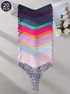 20Pcs Women's Leopard Print Thongs, Low-Waist Comfortable Daily Wear Underwear, Plain Design Fitted Panties for All Seasons