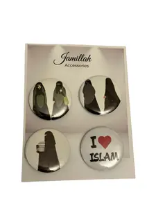 Jamillah Accessories Pin Buttons - Set of 4 Unique Designs Featuring Hijab Silhouettes and "I ️ Islam" Message
