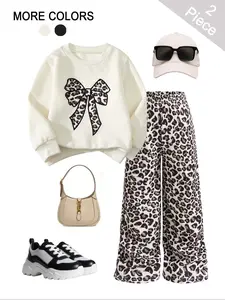 2Pcs Girls Leopard Pattern Fall Winter Sport Set, Long Sleeve Bow Graphic Sweatshirt Top & Wide Leg Trouser, Girl Fashion Casual Outfit Clothing for Outdoor, School, Holiday