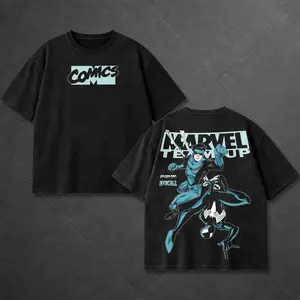 Retre MTU Spidey vs Mark Grayson Invincible Art Tee, Vintage Comic Book Style Graphic Shirt, Acid Washed Black Oversized Tee, Streetwear Superhero Shirt for Comic Fans & Pop Culture Lovers