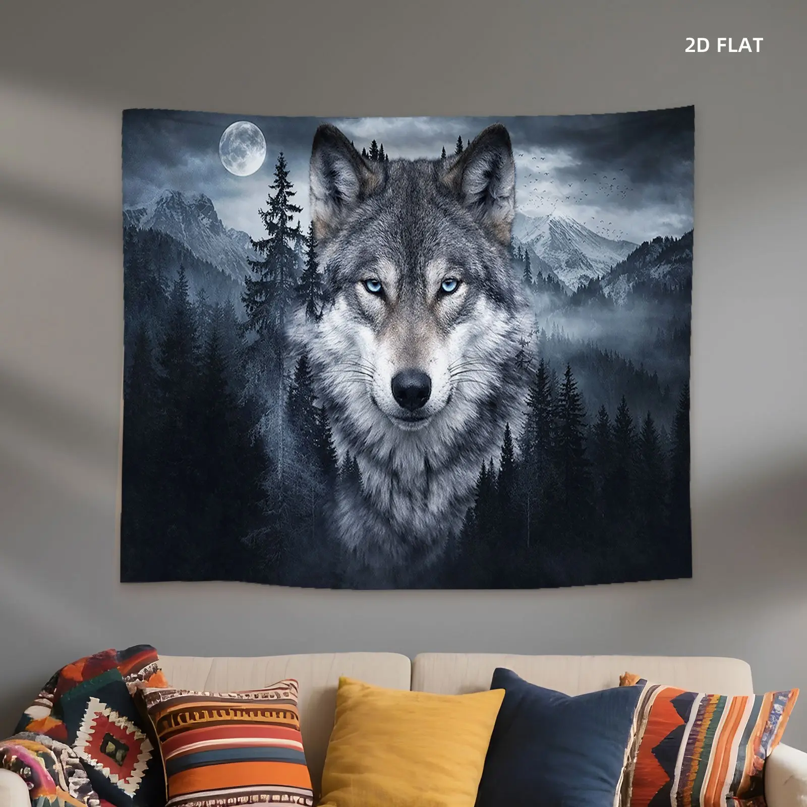 Funny Wolf-Mountains-Forest Full Moon Tapestry - Indoor Decoration Hanging for Bedrooms, Living Rooms - Ideal Gift for Home & Office Spaces, Indoors