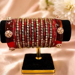 Glass Bangles with Kada - Red and Gold Color, Multiple Pieces, Elegant Design, Perfect for Special Occasions