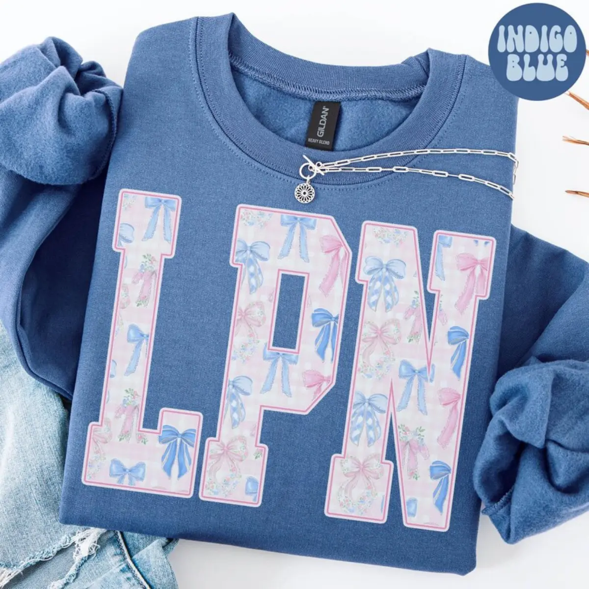 Pink Blue Bow LPN Nurse Sweatshirt, Licensed Practical Nurse Shirt, School Graduation Gift, Nurse Week, Appreciation Crewneck, Jumper