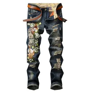 Men’s Slim-Fit Ripped Embroidered Denim Motorcycle Jeans