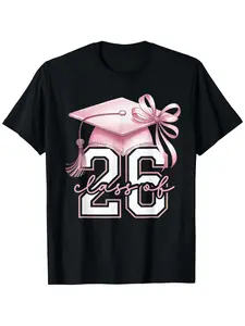 Senior Class of 2026 Graduation T-Shirt - Loose Fit Bow Accent & Slogan Print, Unisex Grad Gifts Suitable for Parents, Friends, Family - for the Class of 2026 (only Shirt)