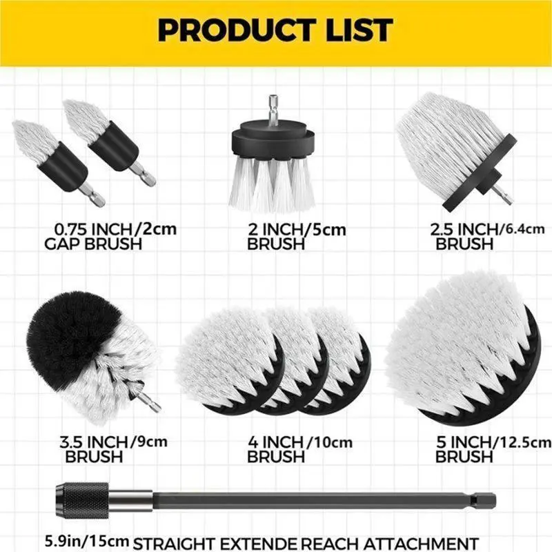10pcs Multi-Size Nylon Bristle Drill Brush Attachment Set, Car Exterior & Home Deep Cleaning Tool with Extended Attachment, Cars Accessories