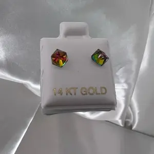 Women's 14 KT Gold Small Stud Earrings with Colorful Rhinestones, Screw Backs, Tornasol Design, Elegant Carat Gold Jewelry, Gift Ideas