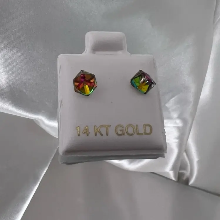 Women's 14 KT Gold Small Stud Earrings - Colorful Rhinestones, Screw Backs for Secured Fit, Tornasol Design, Elegant Carat Gold Jewelry Gift Idea