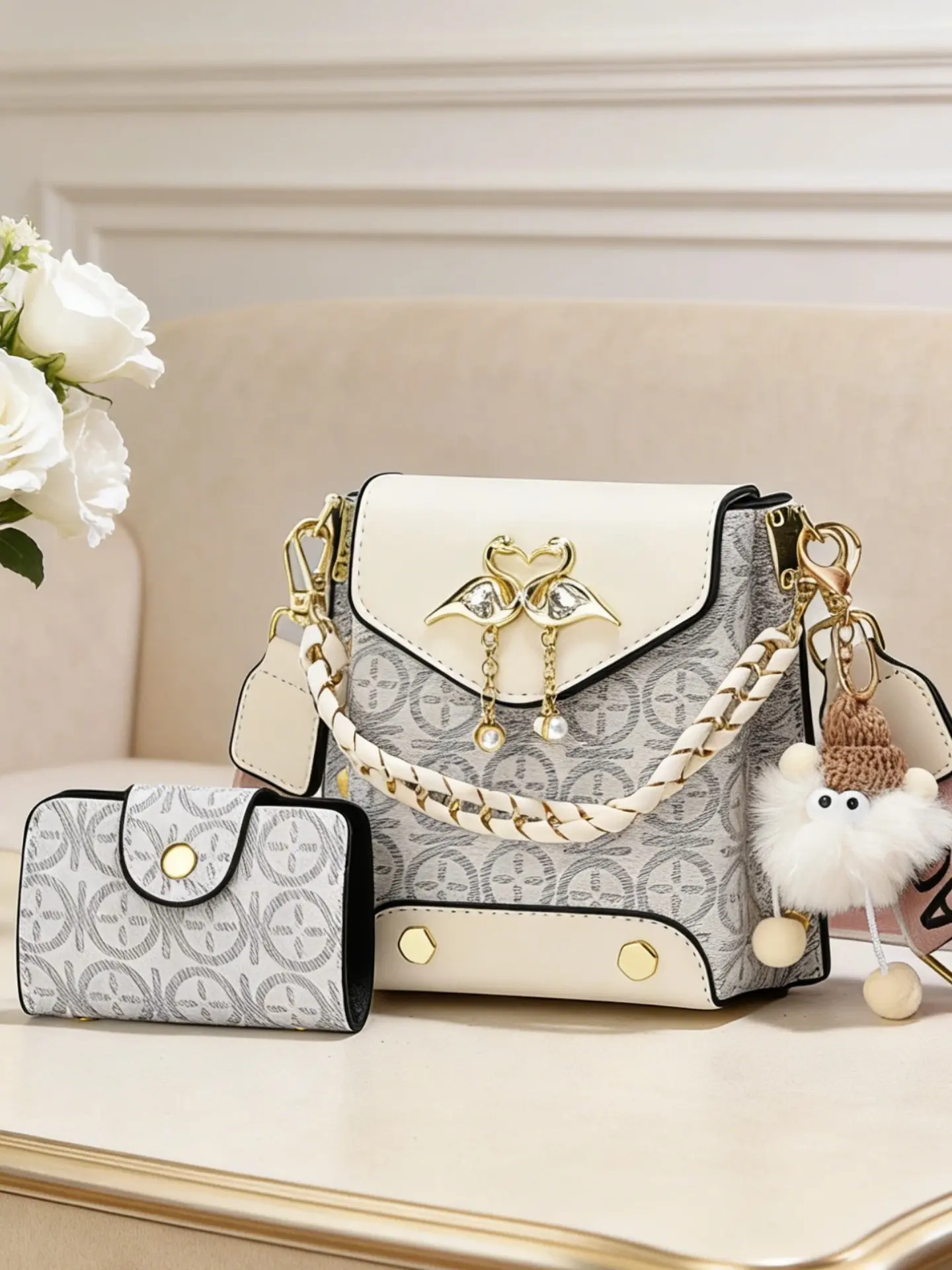 Mini women's phone bag, two-piece women's set, paired with fashionable plush pendants, color blocked print design, Casual Flap Pocket, women's Handbag Shoulder Bag, hardware accessories, Fashionable bags