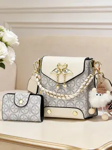 Mini women's phone bag, two-piece women's set, paired with fashionable plush pendants, color blocked print design, women's shoulder bag and shoulder bag series, high-quality hardware accessories.