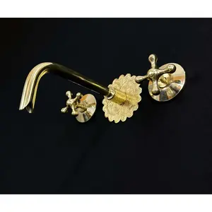 Brass Wall Mount Faucet with Engraved Floral Cover Plate