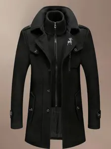 Men's Fashion Double Collar Mixed Fiber Long Coat, Zipper and Pocket Design, Warm and Durable, Suitable for Business or Casual Autumn/Winter, Winter Fashion Clothing