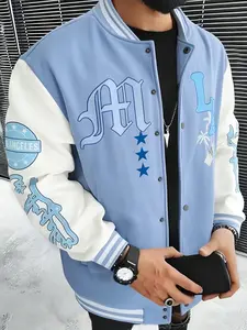 Men's Vintage Light Blue Los Angeles Baseball Jacket, Casual Fitted Jacket, Gothic Letters Print, Patchwork Design, Street Style Colorblock Coat