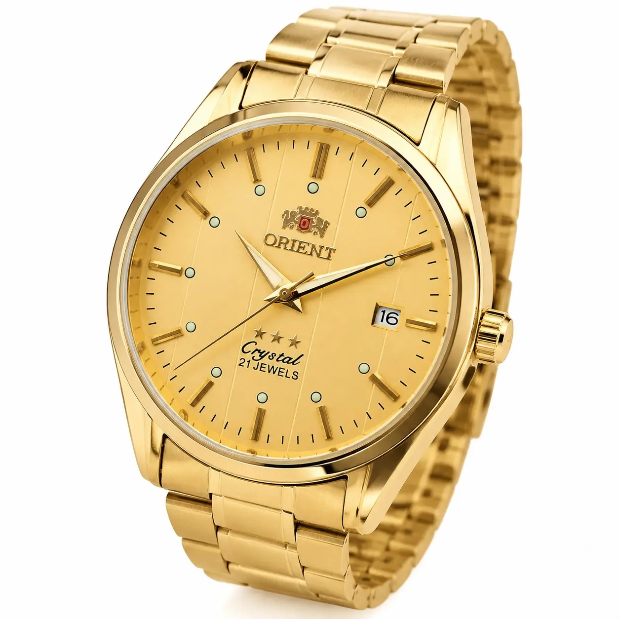 Men’s Orient Gold Plated 21 Jewels Mechanical Watch Luminous Markers Date Window Stainless Steel Bracelet Waterproof Classic Business Dress Wristwatch Multi Dial Color Luxury Men Watch Gift for Birthday Anniversary