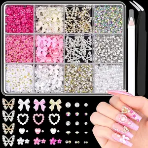 3D Nail Charms and Gems Set 7, 20PCS Chunky Butterfly Charms + 75PCS Coquette Nail Bows and Hearts + 3D Flowers for Nails