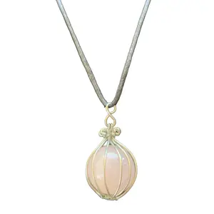Rose Quartz Caged Sphere Necklace - Elegant Design with 1” Rose Quartz Pieces - Black Hemp Cord, 24” - Interlocking Clasp real  shiny  stone