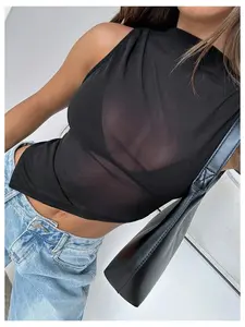 Y2K Sheer Mesh Mock Neck Crop Top, Backless Tie Up Sleeveless Fitted Tank Top, Streetwear See Through Summer Top for Women Womenswear