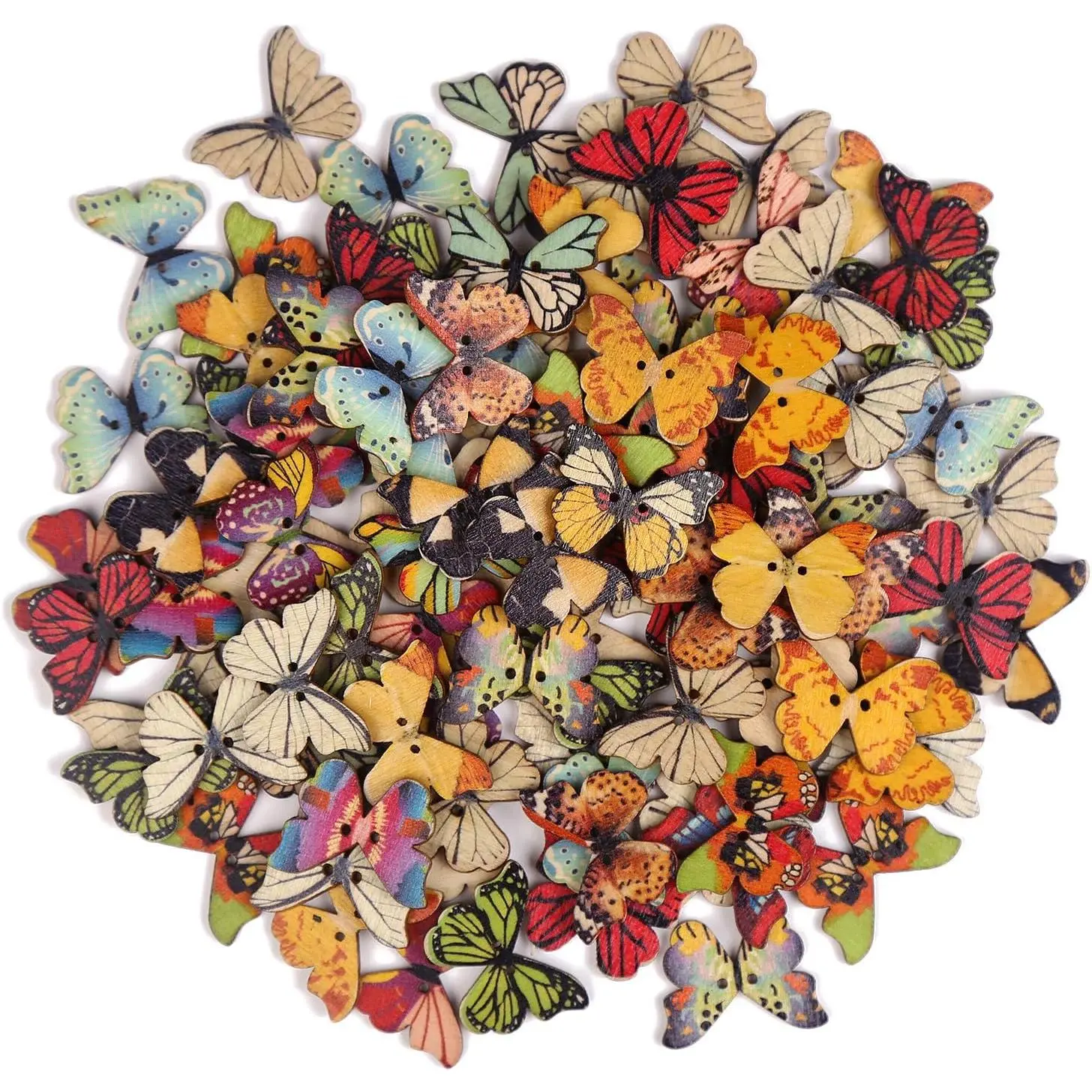 100-Count Butterfly Wooden Buttons, 1-Inch Colorful 2-Hole Mixed Buttons for DIY Sewing, Craft Clothes Accessories, Decoration & Handicrafts