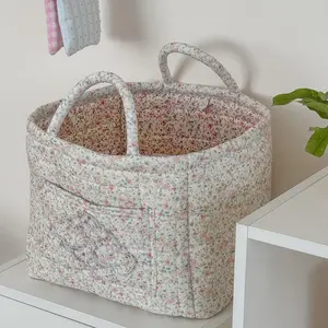 Floral Foldable Storage Basket Cotton Fabric Collapsible Laundry Hamper for Clothes Toys & Blankets Car Trunk Organizer Backseat Storage Machine Washable Decorative Bin for Bedroom Bathroom & Living Room Large Capacity Woven Design