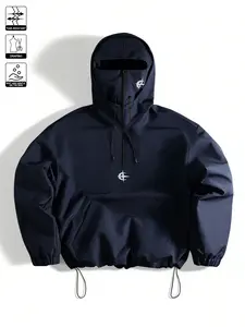 Men's Casual Hooded Jacket with Half Zipper and Mask Design, featuring a drop shoulder and hooded mask, suitable for a rugged look, complete with zipper, unique design top