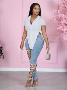 Women's Plain Asymmetrical Hem Button Front Shirt, Casual Chic Short Sleeve Collar Button Up Top for Summer, Ladies Clothes for Daily Wear, Blouse, Womenswear