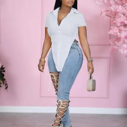 Women's Plain Asymmetrical Hem Button Front Shirt, Casual Chic Breathable Short Sleeve Collared Button Up Top for Summer, Ladies Clothes for Daily Wear, Blouse, Womenswear