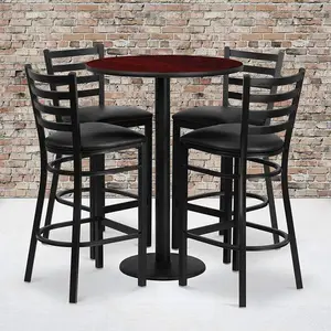 30'' Round Mahogany Laminate Table Set with Round Base and 4 Ladder Back Metal Barstools - Black Vinyl Seat