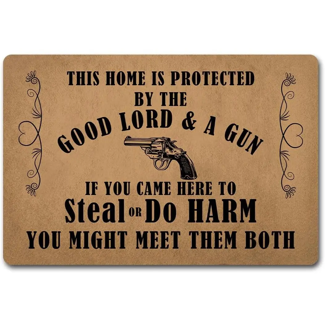 Funny Welcome Doormats Decorative Area Rugs for Front Porch This Home Is Protected By The Good Lord And A Gun Personalized Kitchen Rugs With Anti-Slip Rubber Back Novelty Gift Mat(23.7 X 15.9 in)