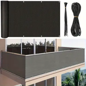 Black UV-Resistant Balcony Privacy Screen Fence Cover with Adjustable Rope - Woven Fabric for Outdoor Porch, Patio, Backyard - Includes 2 Brackets and 3m Rope, External Fencing, Sunshade Canopy