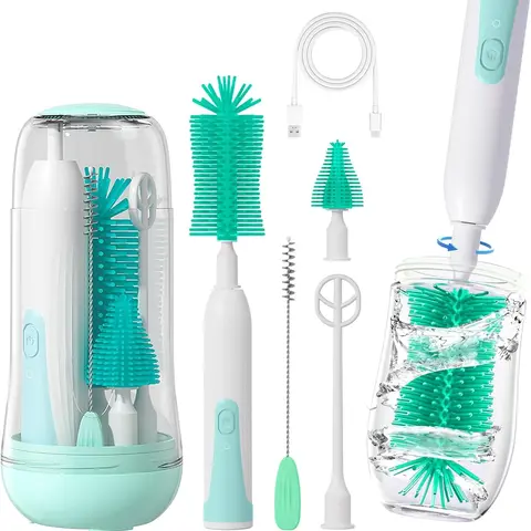 Electric Baby Bottle Brush Cleaner 360° Rotating Rechargeable Bottlewasher - Portable Kit with Food-Grade Silicone Brushes, Nipple Brush, Straw Cleaner, Drying Rack & Organizer, IPX7 Waterproof, 6-Piece Set