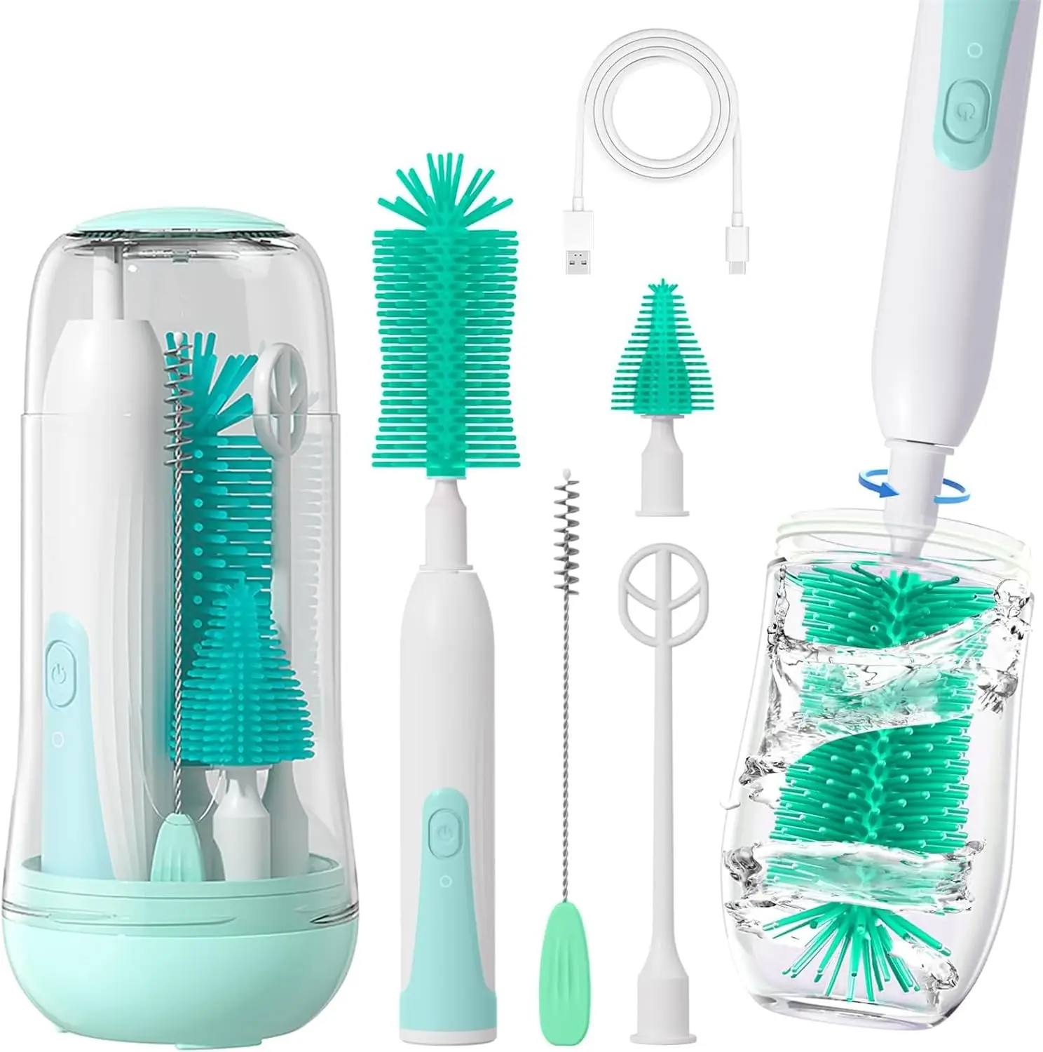 Electric Bottle Cleaning Brush, Baby Bottle Brush Cleaner, Water Bottle Cleaning Kit, Nipple Brush,Straw Cleaner Brush, 360° Rotation, Silicone Materi
