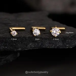 Oufer 14K Gold L Shape AAAAA+ Grade CZ Nostril Piercing Ring Unisex Minimalist Daily Wear Jewelry Simple Design for Everyday Use 1.5mm 2mm 2.5mm Options