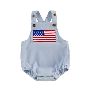 Infant Newborn Patriotic Bodysuit - 4th of July Sleeveless Striped Romper with Embroidered American Flag, Summer Baby Outfit