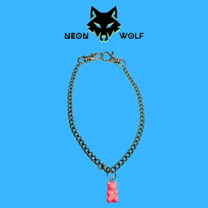 NEON WOLF Silver Chain Necklace with Double Lobster Claw Clasp & Pink Gummy Bear Charm – Edgy Emo, Punk, or Playful Style for Humans