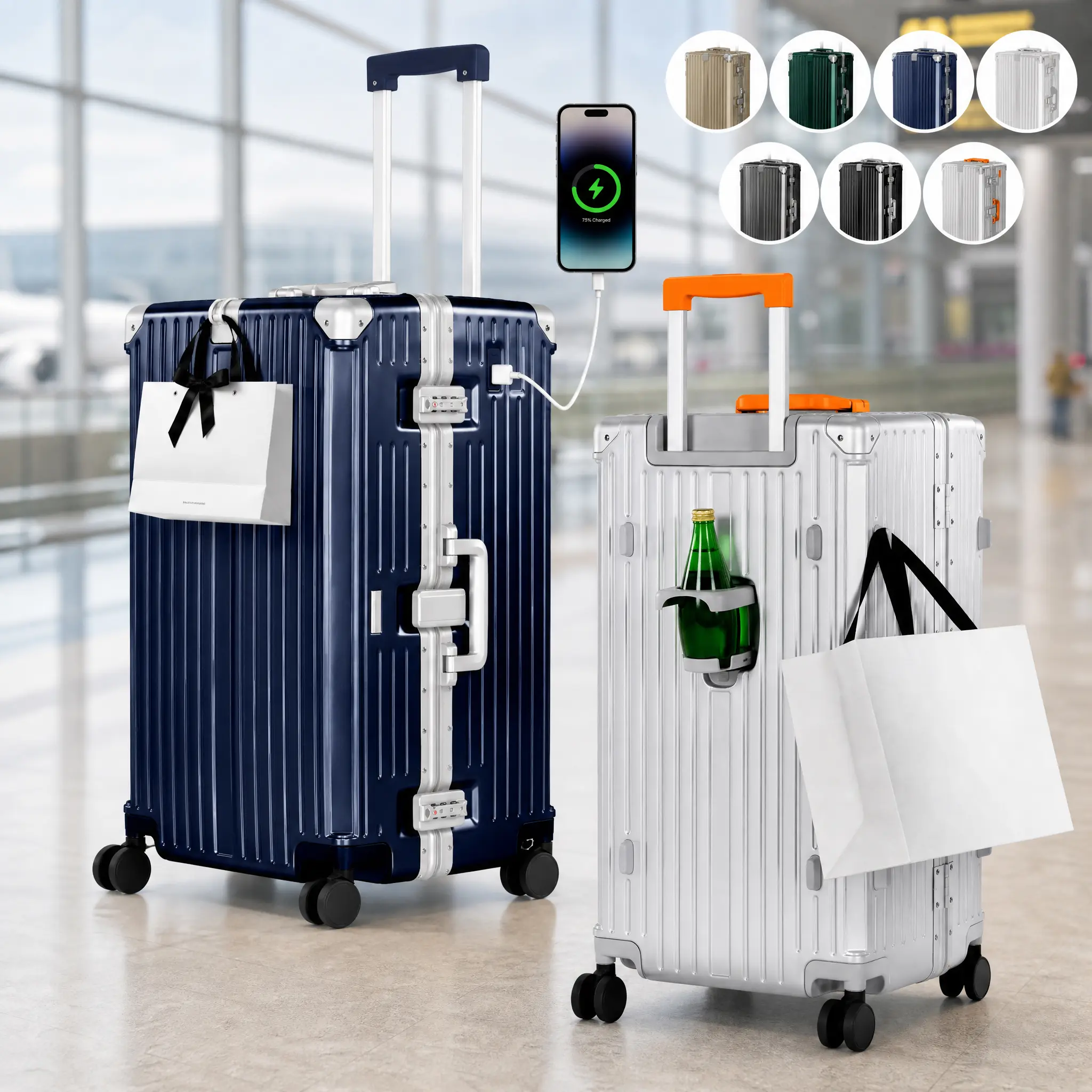 PHIVILLA Trunk Luggage, Large 24/26/28/30 Inch Thickened Aluminum Frame Luggage with TSA Spinner Wheels, 3-Layer PC Hardside Zipperless Travel Suitcase with Type-C USB Charging Port, Cup Holder