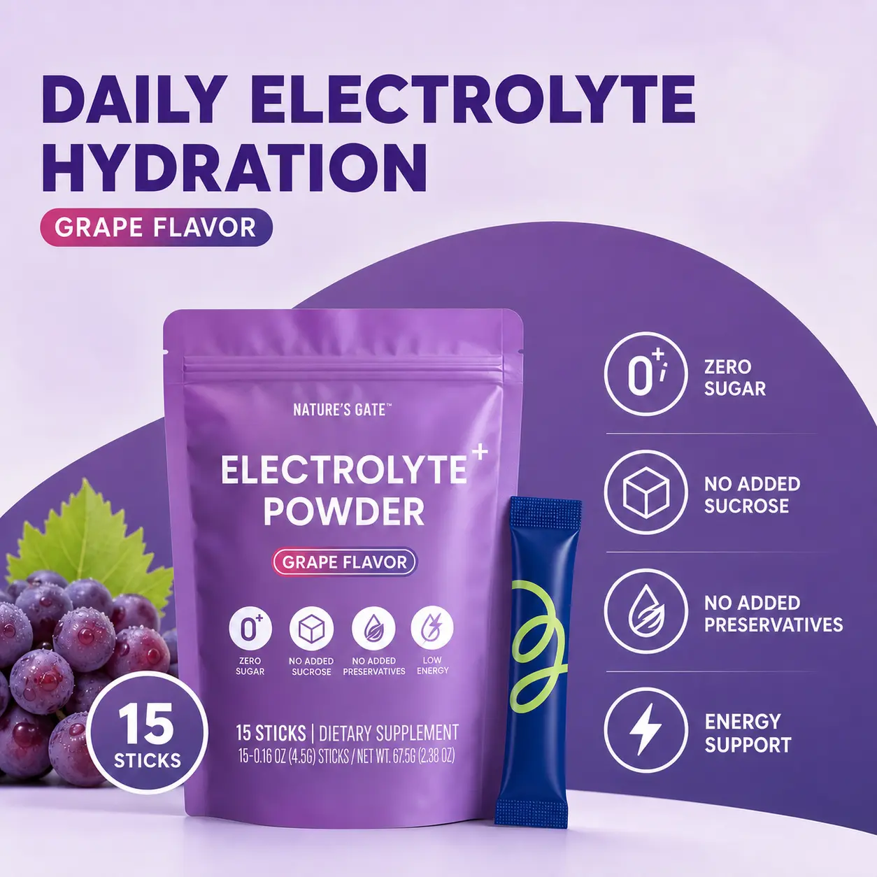 Nature’s Gate Electrolyte+ Powder Packets for Workouts, Heat & Travel – Zero Sugar Hydration Support, 11 Key Ingredients, 7 Flavors, 15 Sticks