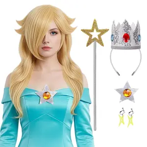 FOVER 6PCS Blonde Princess Wig for Women Rosalina Costume Cosplay Long Wavy Wig with Crown Wand Brooch Earrings Wig Cap| Thick Full Hair, Pre-cut Bangs, Secure Fit for Halloween Birthda