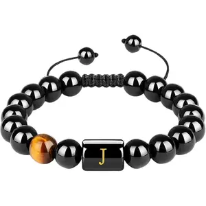 Initials Bracelets for Men Letter Link Handmade Natural Black Onyx Tiger Eye Stone Beads Braided Rope Meaningful Bracelet,for Men Women Jewelry Gifts