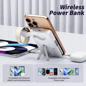 Magnetic Wireless Charger Power Bank with Built-In Cables for Iphone ipad iwatch