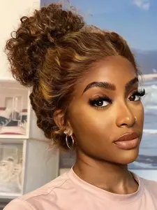 Highlight 360 Deep Wave Wig Hidden Invisible Strap 360 Full Lace Front Wigs Human Hair 180% Density Ombre Honey Blonde Drawstring Wig Human Hair For Women Pre Plucked Colored 4/27 Glueless Curly Wig Human Hair