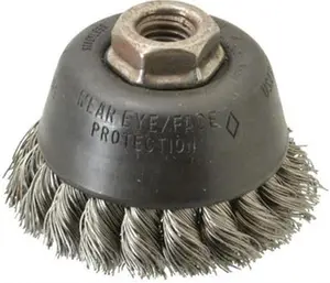 Osborn Knotted Wire Fill Cup Brush, 3-1/2" Diameter, 5/8-11 Threaded Arbor, Stainless Steel, 0.02" Wire Diameter, 7/8" Trim, 14,000 Max RPM, Model 0003300100, Wire Diameter .02"